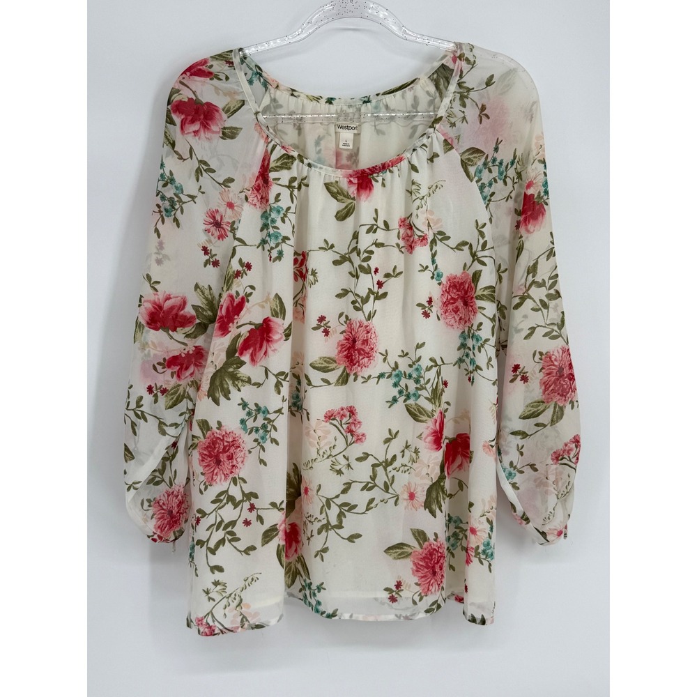 Westport Womens Floral Scoop Neck Blouse White Pink Long Sleeve Tie Cuffs Sz L